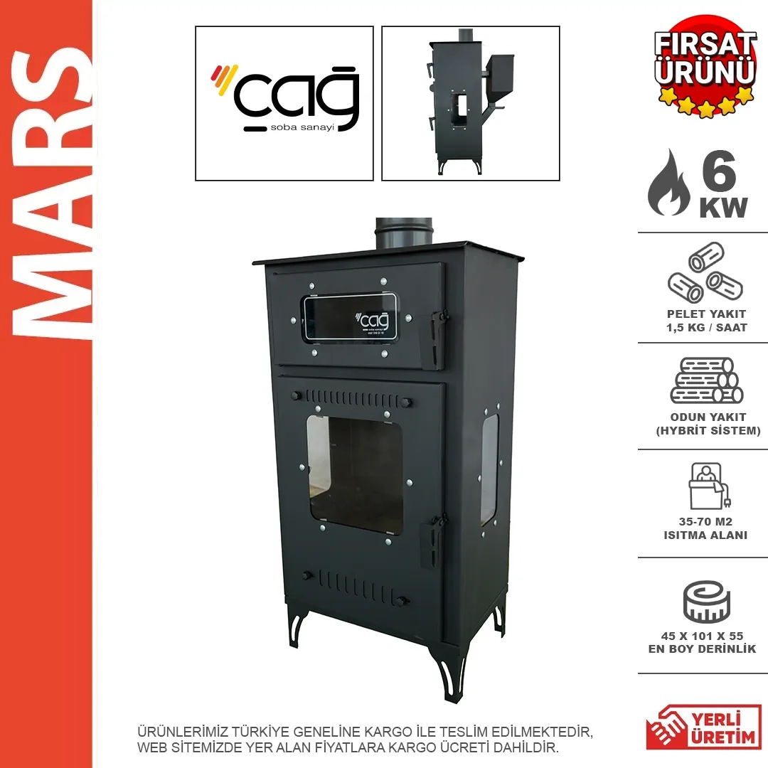 Mars Hybrit (pelet+odun) Fırınlı Üç Camlı Dikey Kuzine Pelet Soba